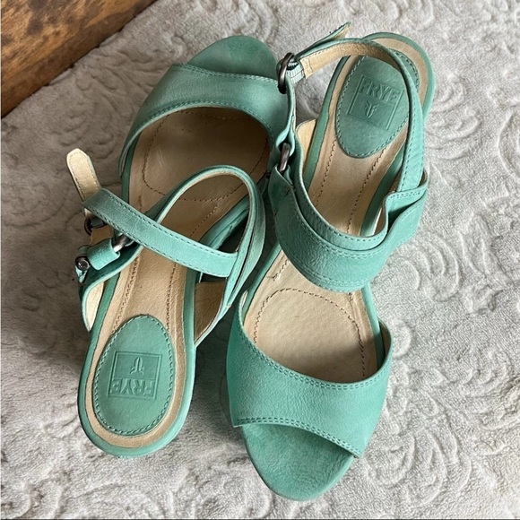 Frye Carlie Sling Platform Wedge Sandals Sz 9.5M Teal Mint Green Chic Prep EUC - Picture 2 of 14